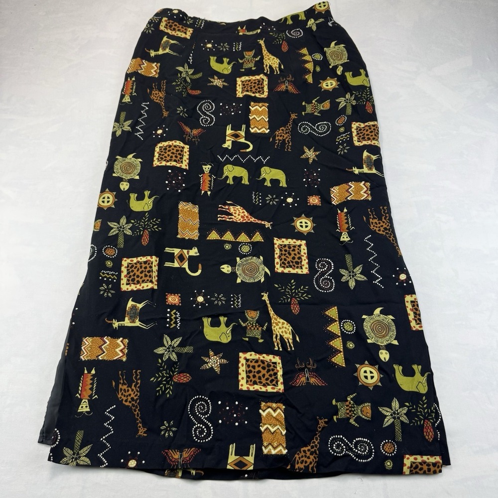 Vintage Lindsey Scott Sport Size 14 Safari Animal Print Rayon Maxi Skirt USA